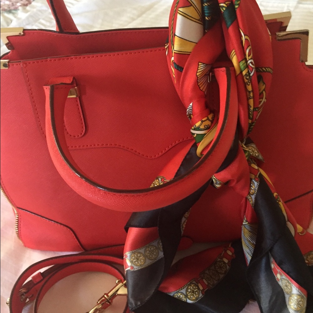 Rebecca tangerine handbag with accent scarf